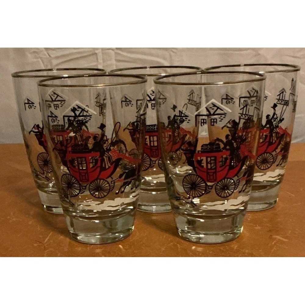 Vintage 1950s Libbey Stagecoach Set Of 5 Tumblers Red, Black, White, Gold Rim